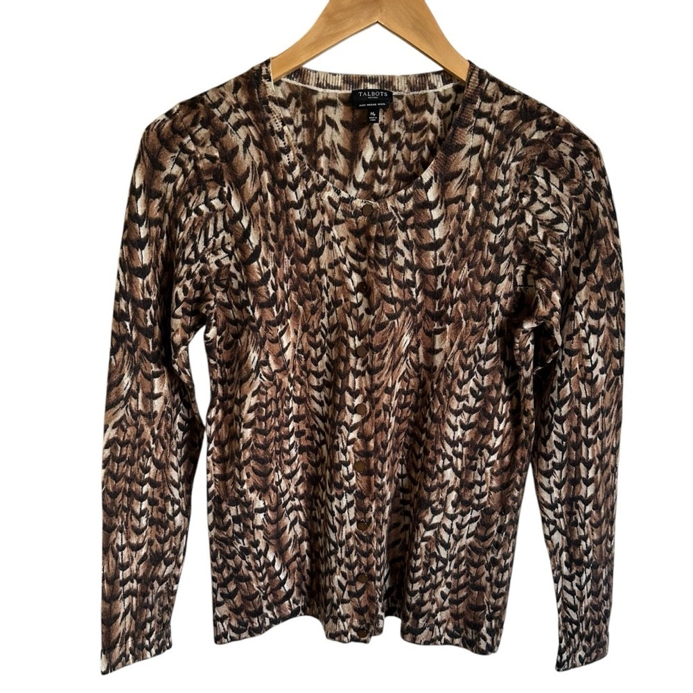 Talbots Petite Medium MP Merino Wool Cardigan Sweater Feather Animal Print Brown